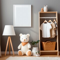 Mockup of a white blank poster in a frame in a children's interior