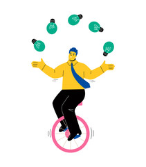 Business man juggling the light bulb on unicycle. Business idea concept. Flat vector illustration isolated on white background