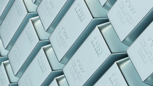Silver ingots, looped. 3D render. Silver bars moving background. Vertical video
