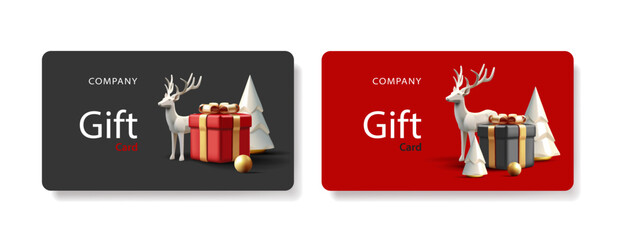 Set of gift vouchers or certificates with 3d render illustrations of Christmas tree, reindeer and gift box, monochrome shapes graphics in red and black colors