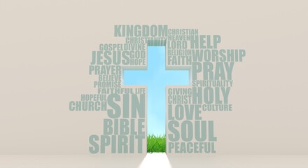 Christianity concept illustration. Cross shape keyhole with relative words cloud. 3D render