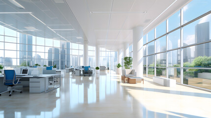 A modern office, open space with panoramic windows and a view