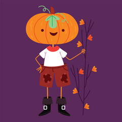 Scarecrow in the form of a pumpkin with autumn branches and leaves. Halloween. Autumn. Hand drawn style