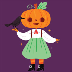 Pumpkin scarecrow in a girl's vintage outfit holding a crow. Halloween.Pumpkin scarecrow in a girl's vintage outfit holding a crow. Halloween.