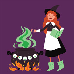 Cute witch is cooking a potion and looking at a book.Witch's cauldron.Halloween.Autumn.Hand drawn style