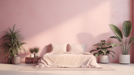 A bedroom with pink walls, a bed, and potted plants