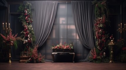 Fototapeta na wymiar A black bath tub sitting under a window next to a lush green curtain