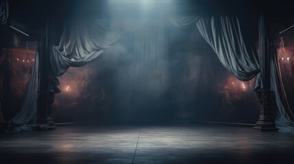 A stage with a stage curtain and lights
