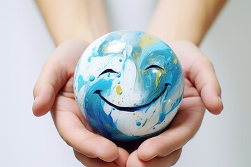 a hand holding a smiling, joyful face sign, emoji on a circular, blue item. World Mental Health...