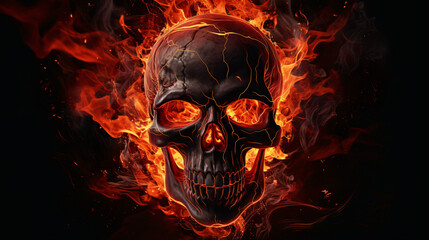 Black skull in fire flames.