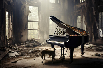 grand piano in a ruined building