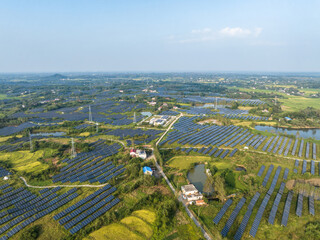 aerial view solar power station on mountain