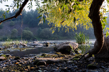 The river during the dawn in autumn , the waves on the river