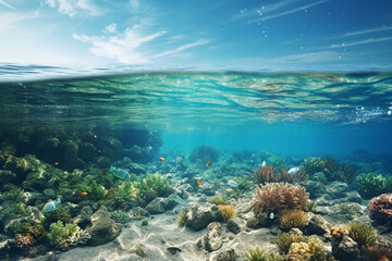 Fototapeta na wymiar Garbage in the ocean. Ecological problem concept. Underwater view