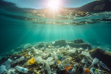Garbage in the ocean. Ecological problem concept. Underwater view