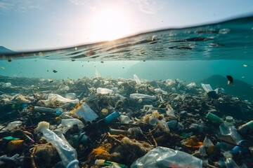 Fototapeta na wymiar Garbage in the ocean. Ecological problem concept. Underwater view
