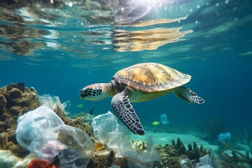 Turtle swim in Garbage in the ocean. Ecological problem concept. Underwater view