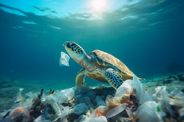 Obraz premium Turtle swim in Garbage in the ocean. Ecological problem concept. Underwater view