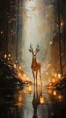 Deer in a mystical forest. Illustration. 