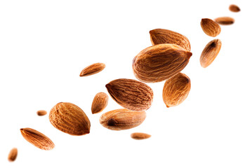 Perfectly retouched almonds fly in space forming the shape of a chain. Volumetric back light....