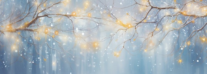 An abstraction of tree branches, yellow lights and snowfall. Abstract bokeh backdrop. New year and...