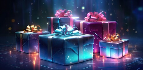Five gifts in a shiny package with neon-style bows. Abstract bokeh backdrop. New year and Christmas...