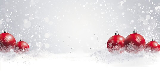 Red and silver Christmas tree balls in the snow on a gray background. Abstract bokeh backdrop. New...