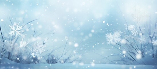 Snowflakes, blades of grass and snowfall on a delicate blue background in defocus. Abstract bokeh...