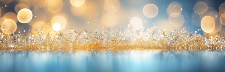 Christmas decoration on the background of golden lights in defocus. Abstract bokeh backdrop. New...