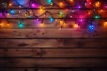 Multicolored lights garland on a wooden background. The Flatlay concept. Abstract bokeh backdrop....