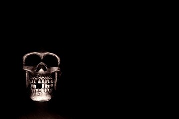 Halloween Totenkopf Totenschädel: menschlicher Schädel Knochen vor schwarzem Hintergrund