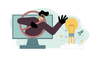 Theft and plagiarism, copying ideas, thoughts. A man, a swindler, a deceiver reaches out to someone else's idea, a light bulb