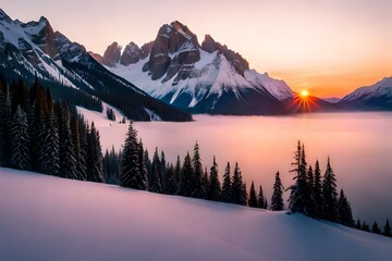 Majestic alpine peaks cloaked in the soft hues of dawn, kissed by the morning light