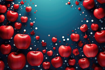 Red apples on blue background with confetti. Abstract background for Johnny Appleseed Day or Eat a Red Apple Day