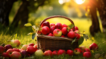 panier en osier rempli de belles pommes rouges fraîchement récoltées