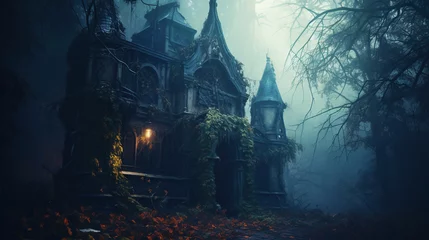 Fotobehang Haunted mansion covered with fog, night scene. Creepy house covered with vines. Halloween concept. Generative AI © AngrySun