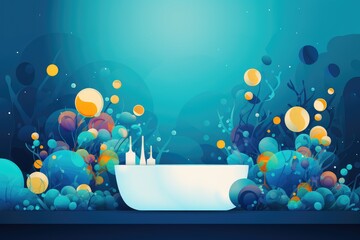 Bathtub Party Day banner. A bathtub with bubbles and bubbles on blue background.