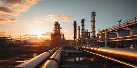 Industrial oil refinery plant. Dusk view of petroleum manufacturing facility