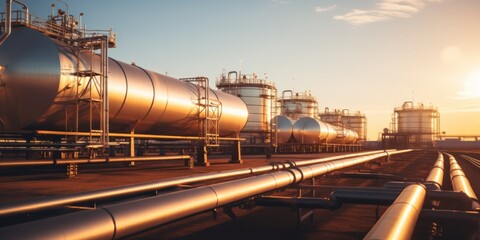 Industrial oil refinery plant. Dusk view of petroleum manufacturing facility