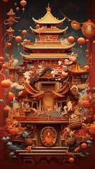 AI Chinese red background scene