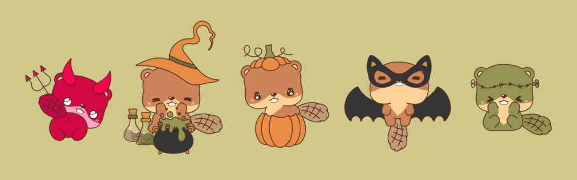 Set of Kawaii Halloween Beaver. Collection of Cute Vector Halloween Forest Animal Illustrations