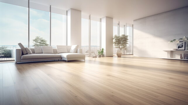 Fototapeta Modern living room interior. Large bright room with laminate floor