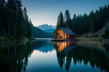 Fototapeta premium A serene lakeside retreat with a cozy cabin nestled among towering pine trees