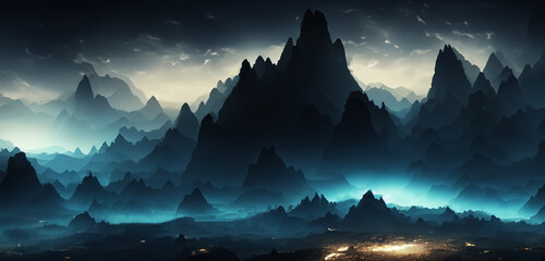 fantasy land Panorama of the mountains in with the complexity of colorful and mysterious light and...