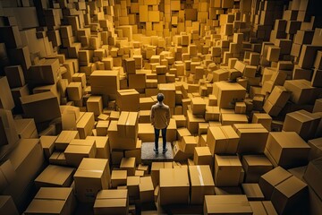 Obraz premium Distribution warehouse with the business SME owner or deliveryman person standing among the pile of parcel boxes in storehouse background.