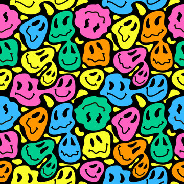 Smiling face seamless pattern. Funny melting smiling happy face colorful cartoon seamless pattern. Retro psychedelic effect smile icon background texture. Trendy character doodle. Smile, Emoticons.
