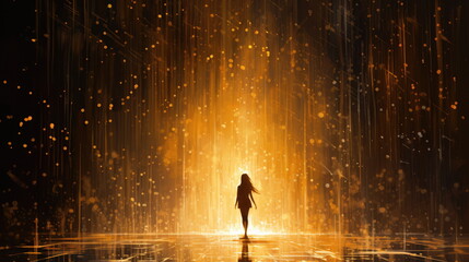 The silhouette of a girl in the golden rain. Golden rain, beautiful golden dew - obrazy, fototapety, plakaty