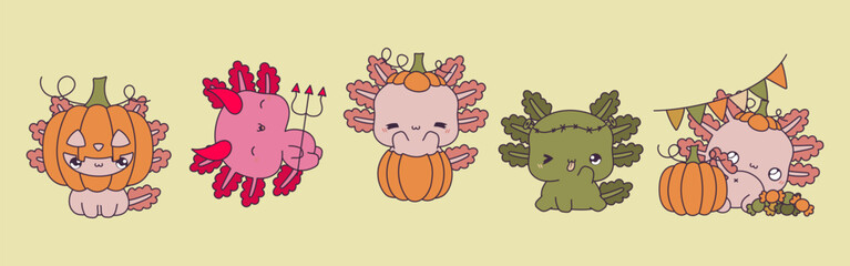 Set of Kawaii Halloween Axolotl. Collection of Vector Halloween Salamander Animal Illustrations.