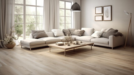 Modern living room interior. Large bright room with laminate floor - Powered by Adobe