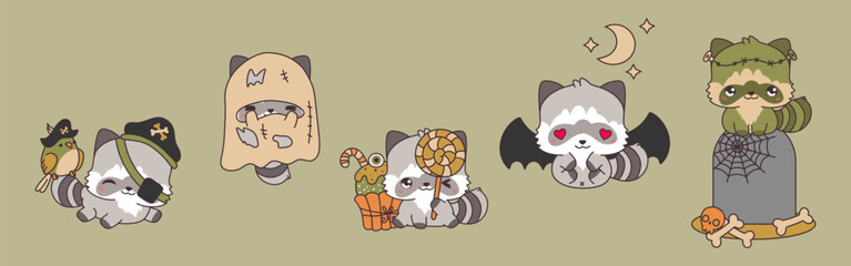 Set of Kawaii Halloween Raccoon. Collection of Cute Vector Halloween Forest Animals Illustrations